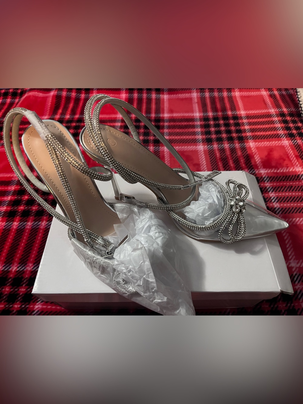 SHEIN Silver Crystal-Embellished Pointed-Toe Slingback Heels